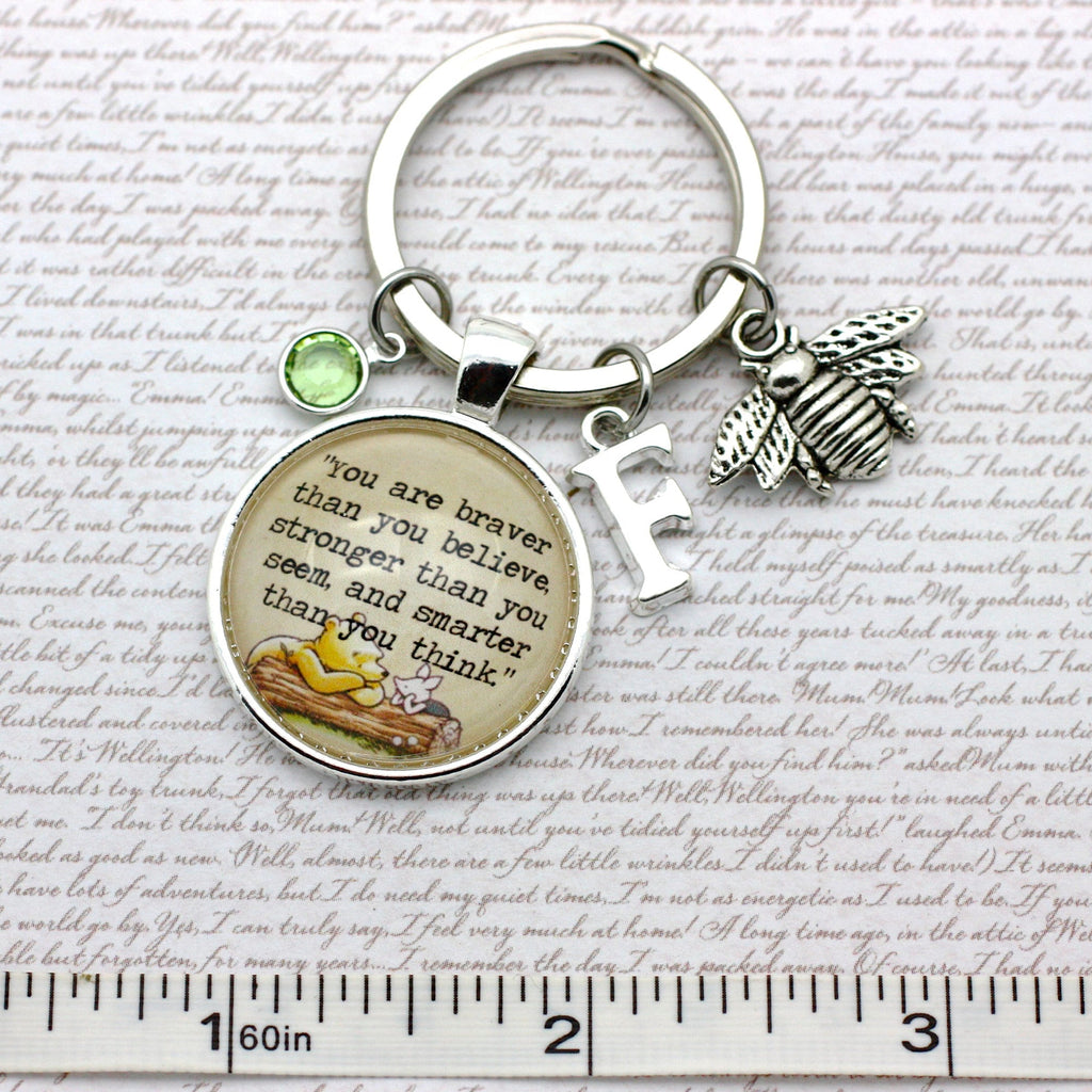 Keychain with motivational quote charm on a textured background with ruler for scale