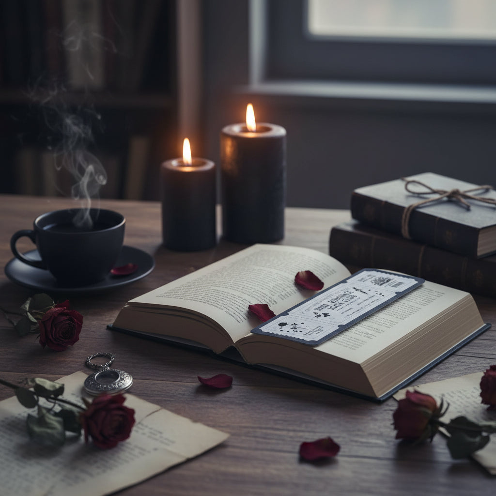 Open book with a bookmark on a wooden table with candles, a cup of coffee, and red roses.
