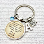 Keychain with circular charm featuring text and letter 'A' on a textured background