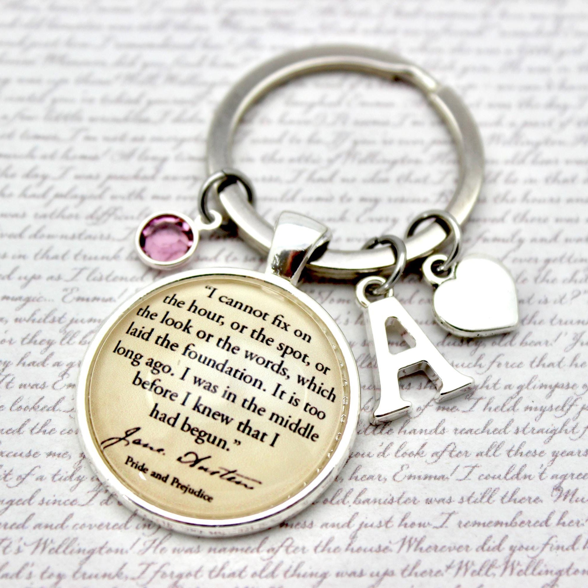 Keychain with Jane Austen quote and letter 'A' charm on a text background