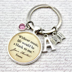 Keychain with jane austen quote charm and letter 'A' charm 