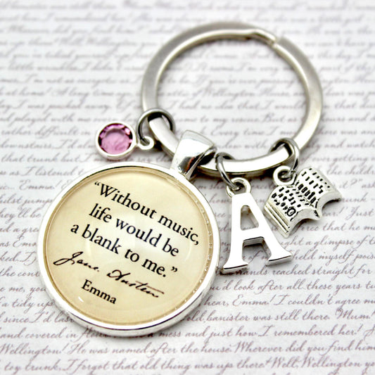 Keychain with jane austen quote charm and letter 'A' charm 