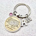 Keychain with quote and letter 'A' charm on a textured background