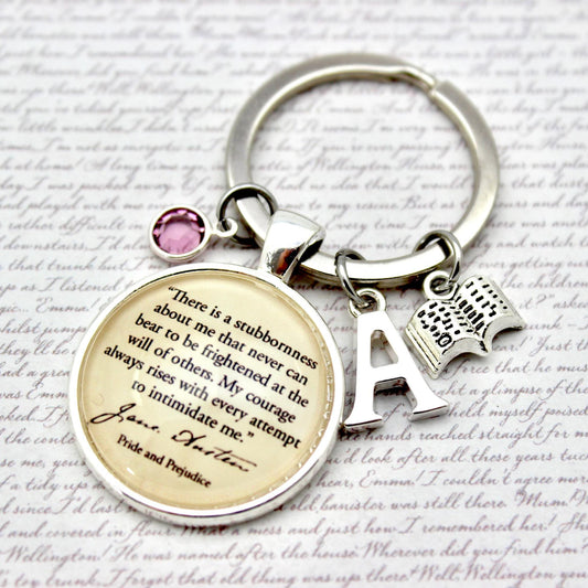 Keychain with quote and letter 'A' charm on a textured background