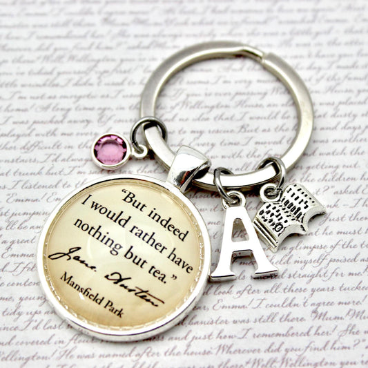 Keychain with jane austen quote charm and letter charm