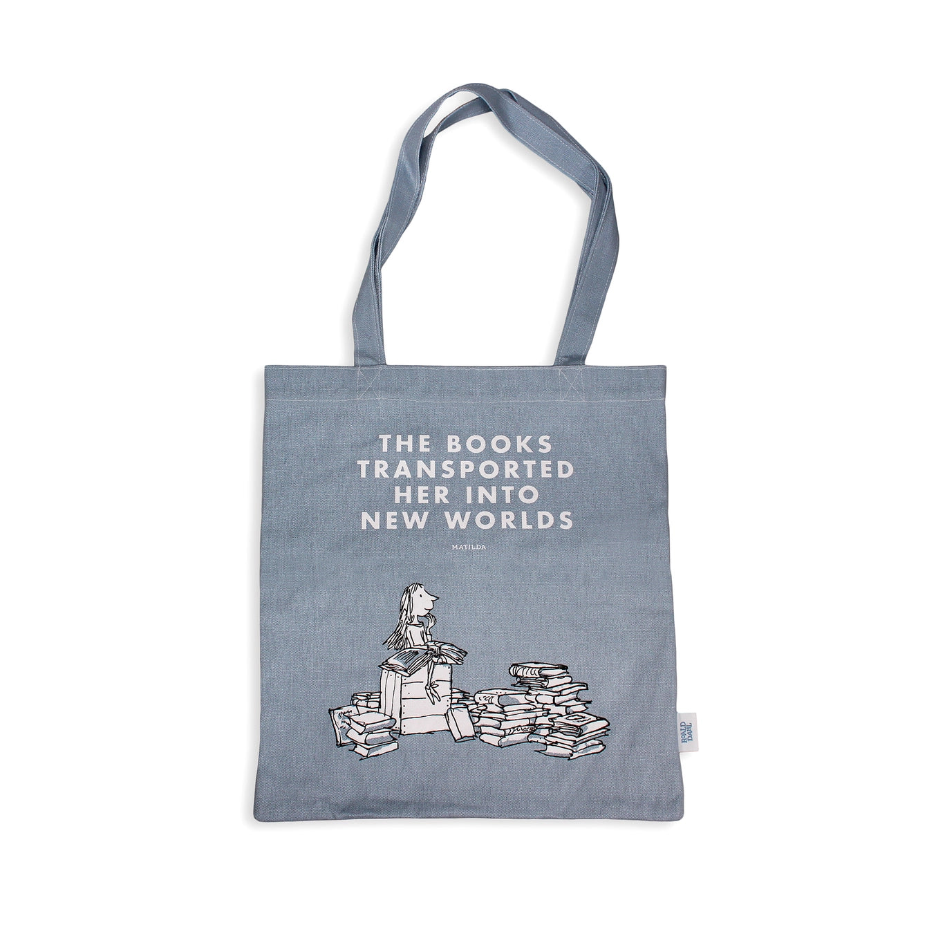 Blue tote bag with text and book illustration on a white background