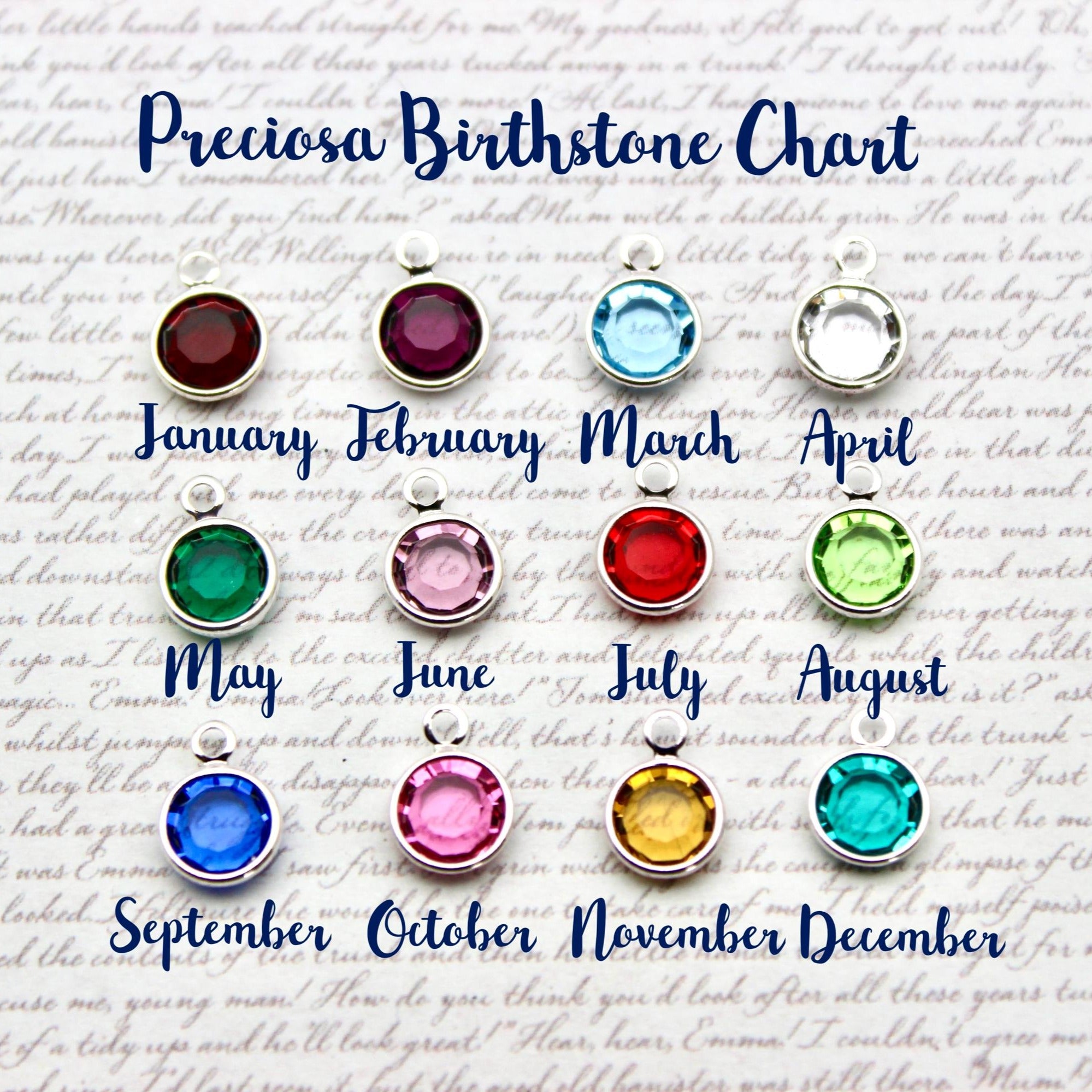 Preciosa Birthstone Chart with gemstones for each month 