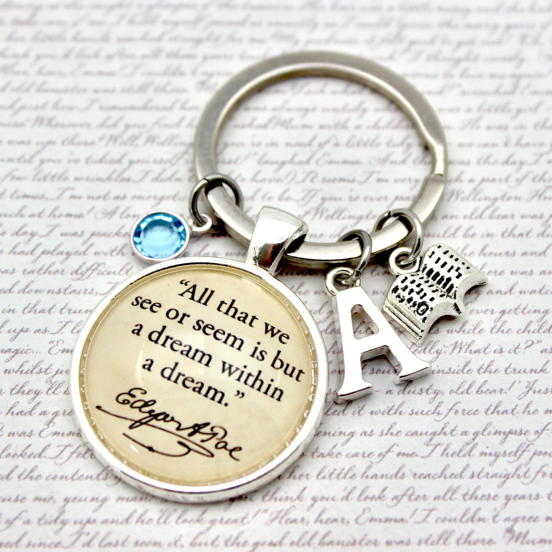 Keychain with circular charm featuring text and letter 'A' on a textured background