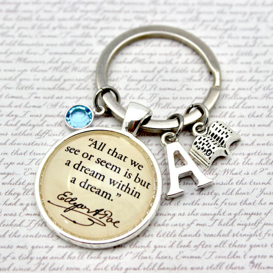 Keychain with circular charm featuring text and letter 'A' on a textured background