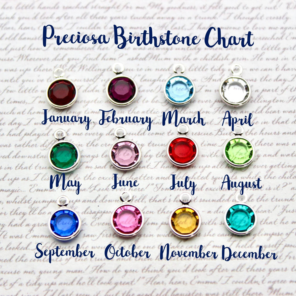 Birthstone chart with colorful gemstones corresponding to each month on a textured background.