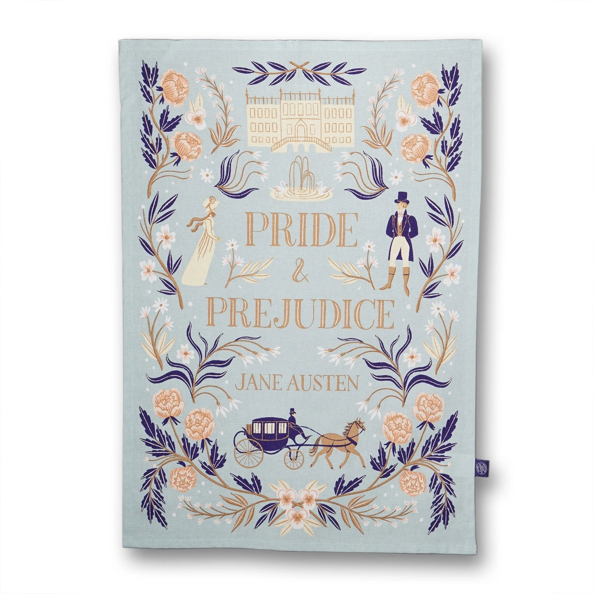 Book cover of 'Pride & Prejudice' by Jane Austen with decorative elements on a light blue background