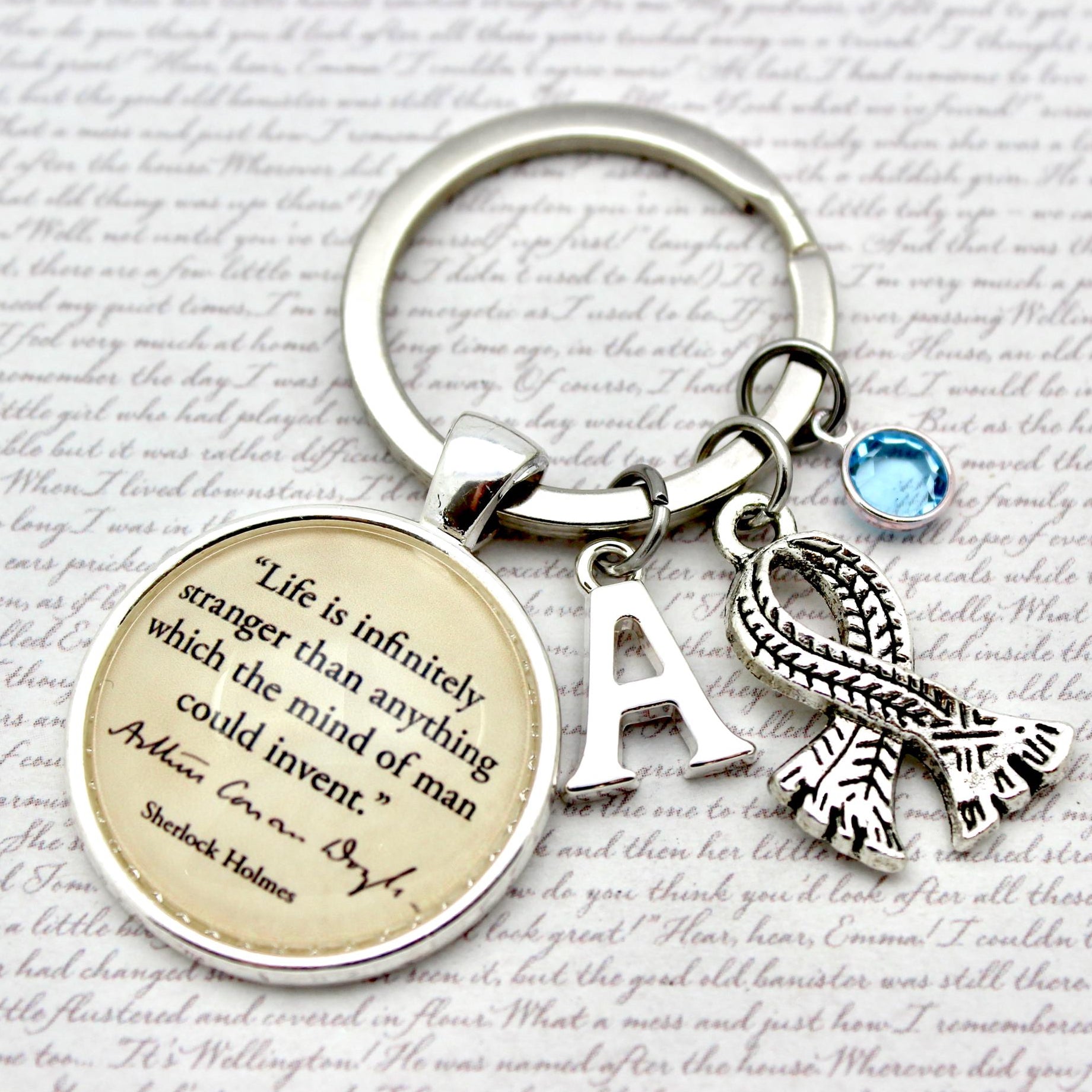 Keychain with motivational quote on a textured background
